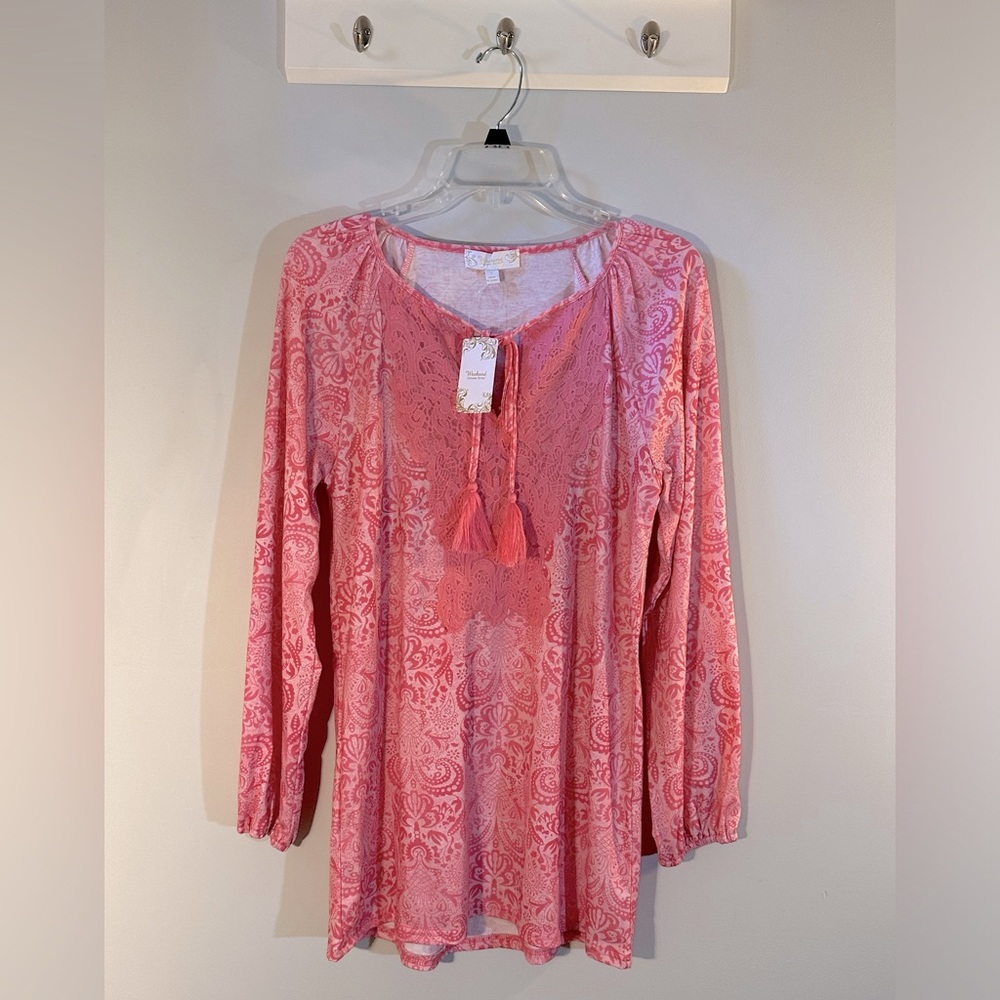 NWT SUZANNE BETRO PINK FLORAL TUNIC TOP WITH LACE OVERLAY